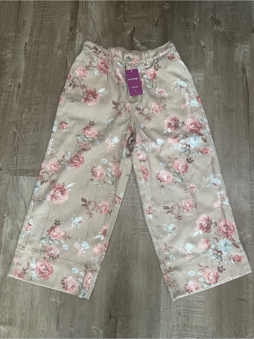 Loveimgs women’s mid rise cropped wide leg baggy floral jeans size Large - NWT